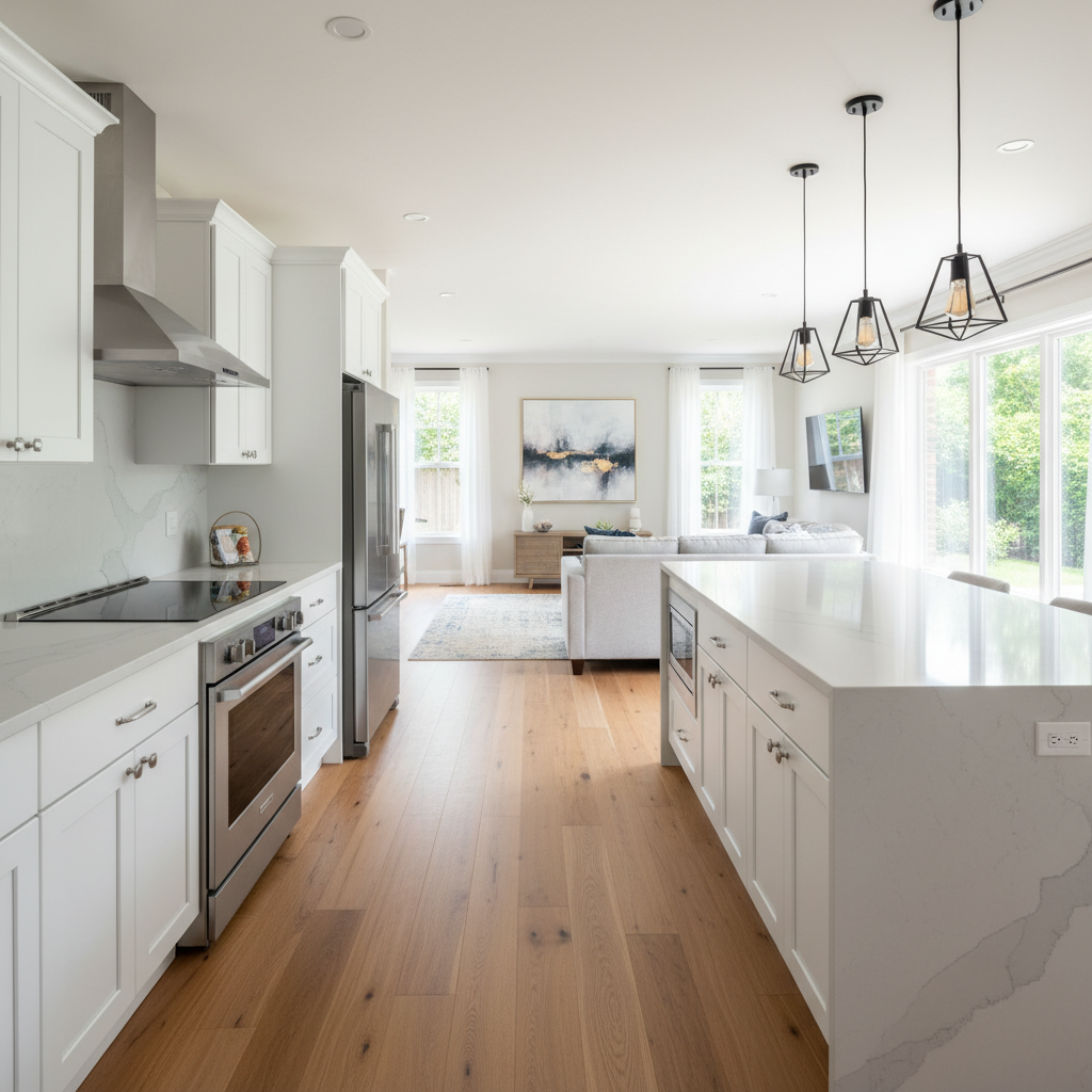 Renovated modern kitchen in open floor plan
