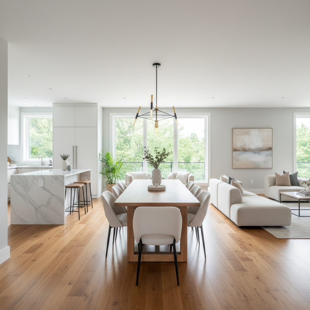 Open dining area connecting kitchen and living